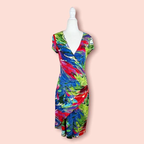 Joseph Ribkoff Colorful Tropical Faux Wrap Dress Sz 8 - Picture 1 of 7